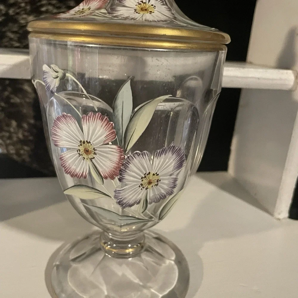 HANDPAINTED CRYSTAL FOOTED LIDDED CANDY JAR JEWELRY APOTHACARY‎ CABINET DISPLAY